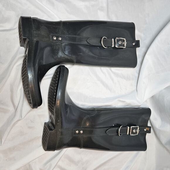 Coach Women's Riding Rain Boots Black Round Toe Knee High Buckle 7 - Picture 11 of 13